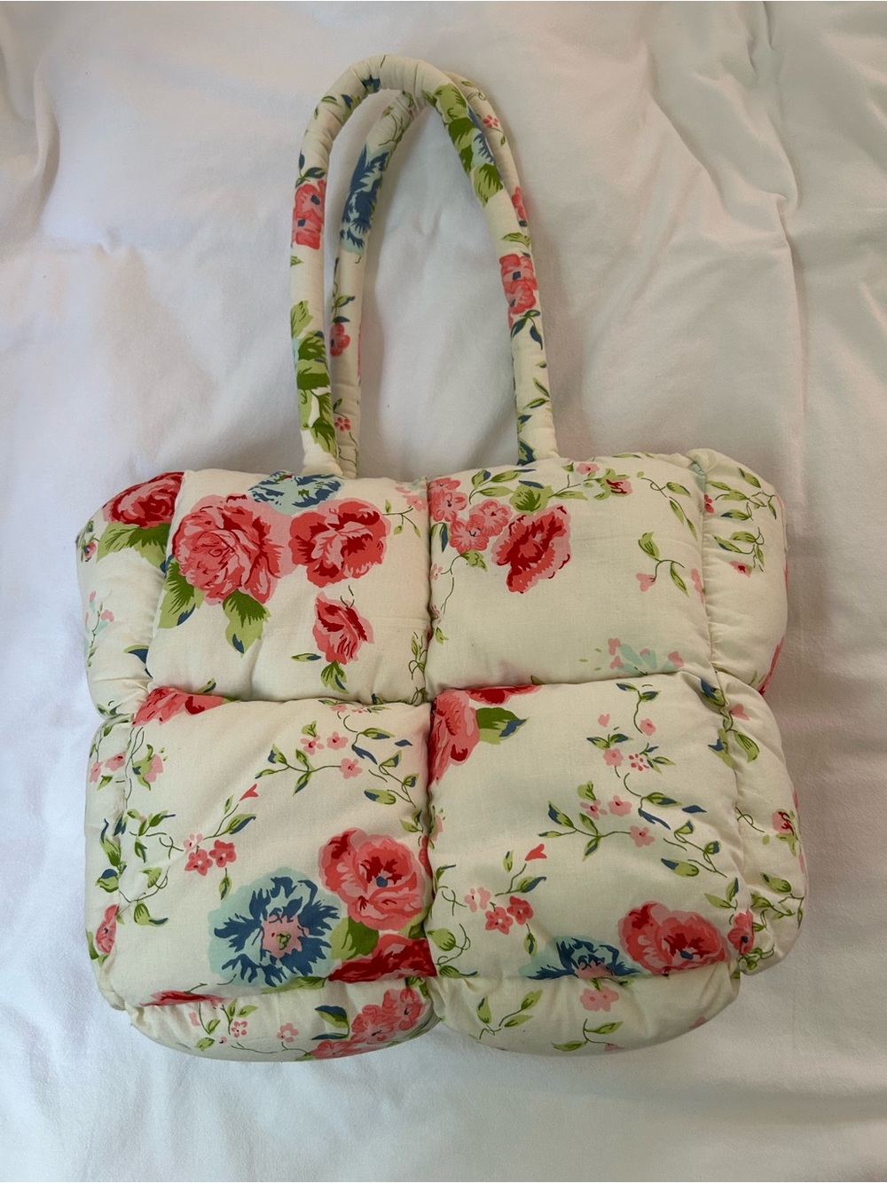Quilted Floral Tote Bag in Cream with Pink and Blue Blooms